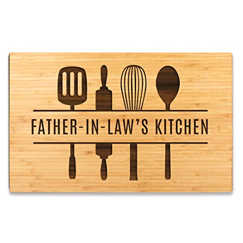 Andaz Press Large Bamboo Wood Cutting Board Gift, 17.75 x 11-inch, Father-In-Law's Kitchen, Utensils Graphic, 1-Pack, Laser Engraved Serving Chopping Board Christmas Birthday Chef Kitchen Ideas - color: Father-In-Law