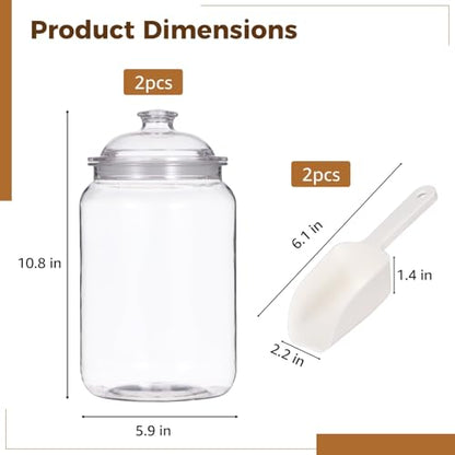 2 Pcs Plastic Candy Jars with Lids, 1 Gallon Large Food Storage Container with Airtight Seal and Wide Mouth, Clear PET Cookie Jar with Scoop for Kitchen, Pantry, 5.9 x 10.8 In