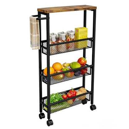 AZERPIAN Slim Rolling Cart 4 Tier Narrow Storage Cart on Wheels with MDF Board Top and Metal Handle for Small Space Kitchen Living Room Home Office Pantry Bathroom Laundry Room(16.54×5.12×30.31 inch) - size: 16.54 x 5.12 x 30.31 inch