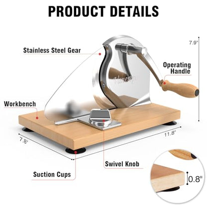 vanerepok Manual Bread Slicer Adjustable Thickness for Homemade Sourdough | Hand Crank Bread Cutter with Scale & Stable Suction Cups & Wood Base for Even Slicing Perfect Baking Gift for Home Bakers - color: Silvery-white