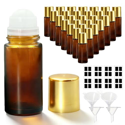 28 Pack 50ml Roller Bottles for Essential Oils - Refillable Amber Glass Roll Bottles with Roller Ball and Golden Caps for Travel, Perfume, and Personal Care