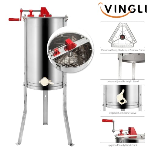 VINGLI 3 Frames Manual Honey Extractor Separator, Food Grade Stainless Steel Honeycomb Spinner Drum Crank By Hand With Adjustable Height Stands, Beekeeping Pro Extraction Apiary Centrifuge Equipment - size: 3 Frames