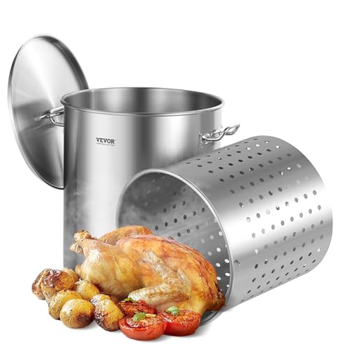 VEVOR Stainless Steel Stockpot, 64 Quart Large Cooking Pots, Cookware Sauce Pot with Basket, Lid, and Handle, Heavy Duty Commercial Grade Stock Pot, Sanding Treatment, for Large Groups Events Silver - size: 63.9 Quarts