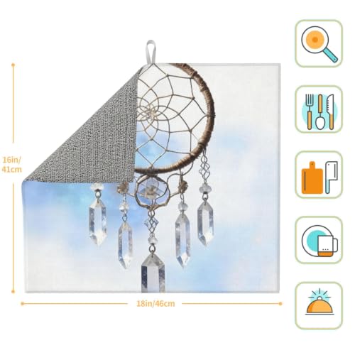 White fantasy dream catcher Dish Drying Mat for Kitchen Counter, Absorbent Microfiber Drainer Mats, Non-slip Kitchen Draining Mat for Coffee Machine Dish Rack Pad 18"x16" Dish Drainer Pad - color: White Fantasy Dream Catcher