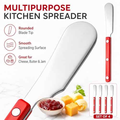 4PCS Stainless Steel Butter Knives Set: 6.3 Inch Cheese Spreader 304 Stainless Steel with Ergonomic Handle for Cheese, Butter & Jam (red) - color: red