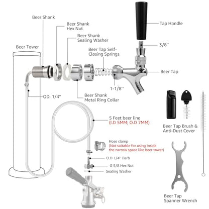 MRbrew Beer Line Shank Faucet Kit, Stainless Core Self-Closing Beer Tap with 3/16'' liquid hose & 1/4" Barb, Kegerator Tower Replacement Set for Draft Beer Dispenser - Include Tap Wrench & Hose Clamps