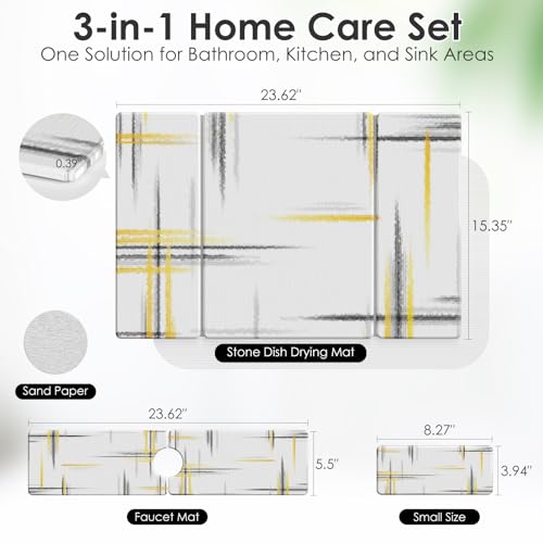 3 PCS Large Stone Dish Drying Mat for Kitchen Counter -24"x16" Absorbent Diatomaceous Earth Mat with Stone Faucet Mat & Soap Tray - Quick Dry, Collapsible, Non-Slip Countertop Organizer - color: black gold texture
