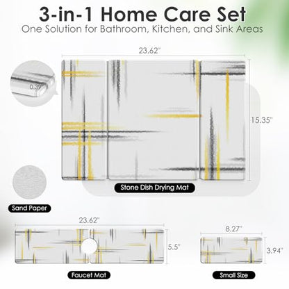 3 PCS Large Stone Dish Drying Mat for Kitchen Counter -24"x16" Absorbent Diatomaceous Earth Mat with Stone Faucet Mat & Soap Tray - Quick Dry, Collapsible, Non-Slip Countertop Organizer - color: black gold texture