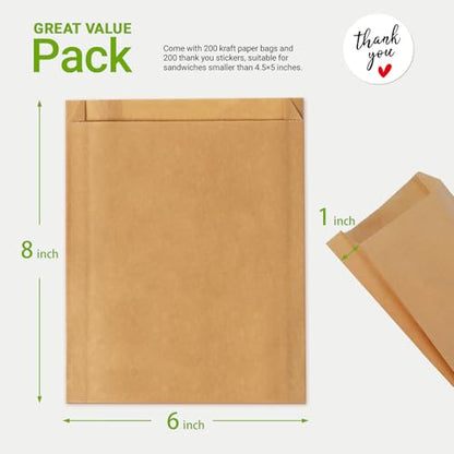 200 Pack Paper Sandwich Bags with Seal Stickers, 6"×8"×1" Unbleached Natural Kraft Paper Bakery Bags for Lunch Packing, Cookies, Treats, Snacks, Pastry, Baked Goods - color: Brown
