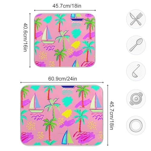Sailboat Palm Trees Dish Drying Mat for Kitchen Counter Super Absorbent Draining Mat with Non-slip Backed Waterproof Sink Mats for Draining Racks Countertops Sinks Dish Bottles Cups Bowl