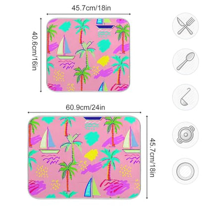 Sailboat Palm Trees Dish Drying Mat for Kitchen Counter Super Absorbent Draining Mat with Non-slip Backed Waterproof Sink Mats for Draining Racks Countertops Sinks Dish Bottles Cups Bowl