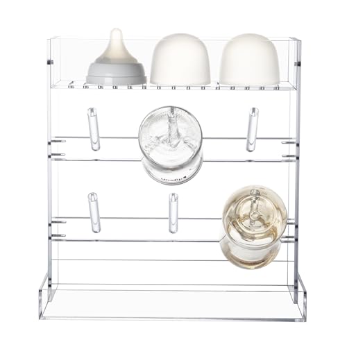 Baby Bottle Drying Rack Space Saving Acrylic Vertical Bottle Dryer Rack with Drip Tray - Clear Kitchen Countertop Storage Organizer–Fast Drying and Easy Cleanup - 10.3 x 6.3 x 10.6 in