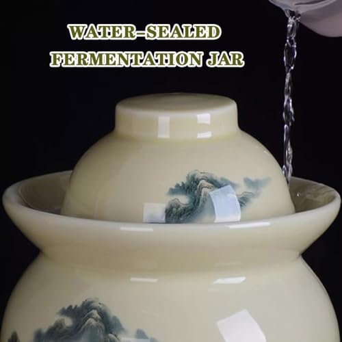 Classical Pastoral Ink Painting Kimchi Jar, Pickling Crock with Plastic Sealed Inner Lid, Ceramic Traditional Fermentation Tank, Decorative Storage Container(1.5kg) - size: 1.5kg