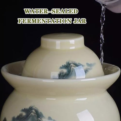 Classical Pastoral Ink Painting Kimchi Jar, Pickling Crock with Plastic Sealed Inner Lid, Ceramic Traditional Fermentation Tank, Decorative Storage Container(1.5kg) - size: 1.5kg