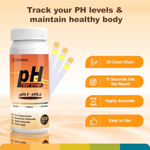 pH Test Strips 200 Count (100×2 Bottles) – Upgraded Dual-Track 14-Color pH Strips for Urine and Saliva（4.5-9.0） Quick & Accurate Test Alkaline & Acid Levels in The Body with Color Chart on Bottle