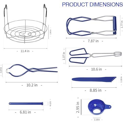 7 Pieces Canning Supplies Kit, Stainless Steel, Blue | Steamer Rack, Canning Funnel, Jar Lifter, Wrench & Tongs, Lid Lifter Bubble Remover Tool - color: Blue