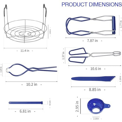 7 Pieces Canning Supplies Kit, Stainless Steel, Blue | Steamer Rack, Canning Funnel, Jar Lifter, Wrench & Tongs, Lid Lifter Bubble Remover Tool - color: Blue