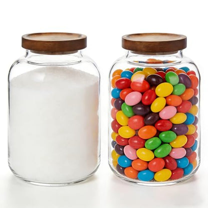 2-Pack Large Glass Flour and Sugar Storage Containers, 64 oz / 1900 ml Airtight Glass Jars with Wooden Lids, Clean & Elegant Canisters for Storing Rice, Pasta, Oats, Candy, Cookies and More - size: Small