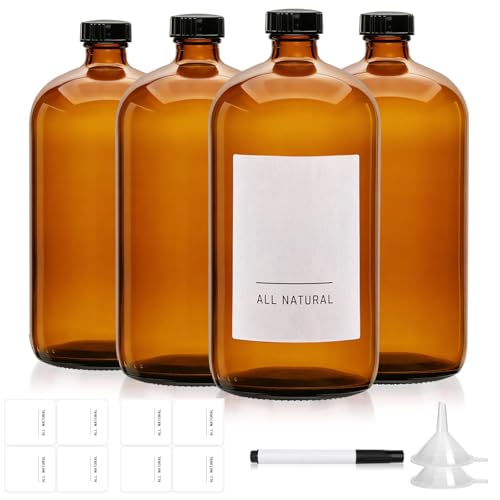 Maredash 32 oz Amber Glass Bottles – 4-Pack,Brown Glass Bottles, 2 Funnels, 8 Labels & Pen – Reusable Containers for Essential Oils, DIY Cleaning, Beer, Kombucha Storage