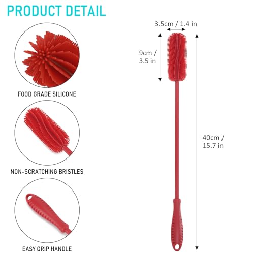 15.7" Silicone Bottle Brush, ddLUCK Water Bottle Cleaner Brush for Stanley, Hydroflasks, Glass, Thermos Sports Bottle, Vase and Glassware, Bottle Brush Cleaner for Small Narrow Neck Containers (Red) - color: Long Red