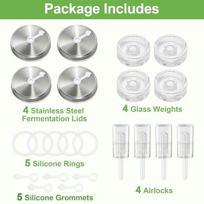 Fermentation Kit for Wide Mouth Mason fermentation Jar,pickling/sauerkraut kit with 4 Glass Fermentation Weights,4 Fermenting Lids,4 airlocks,5 Silicone Rings,5 Silicone Grommet （ No Jars ）