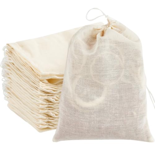 TUZAZO 24 Pcs Muslin Bags with Drawstring 6 x 8 inch, Reusable Spice Bags for Cooking Soup, Natural Cotton Unbleached Cheesecloth Bag for Straining, Bone Broth Brew Herb Sachet Bag Empty - size: 6x8 inch, 24 pcs