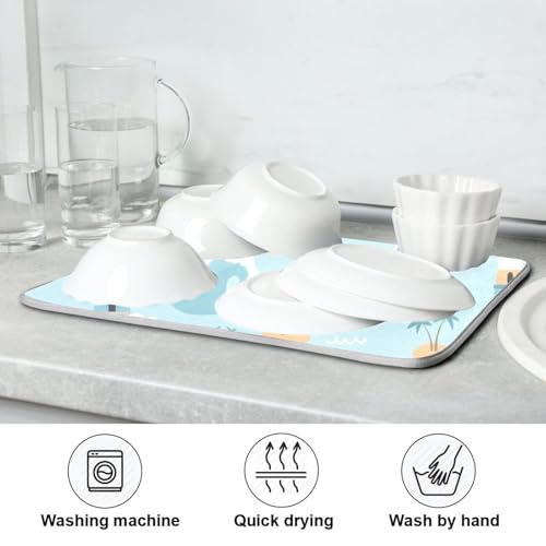 Ocean Lighthouse Palm Tree Dish Drying Mat for Kitchen Counter Super Absorbent Draining Mat with Non-slip Backed Dish Drying Pad for Countertops Sinks Draining Racks Dish Bottles Cups Bowl