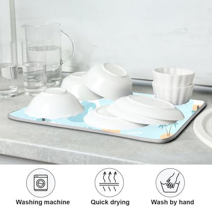 Ocean Lighthouse Palm Tree Dish Drying Mat for Kitchen Counter Super Absorbent Draining Mat with Non-slip Backed Dish Drying Pad for Countertops Sinks Draining Racks Dish Bottles Cups Bowl