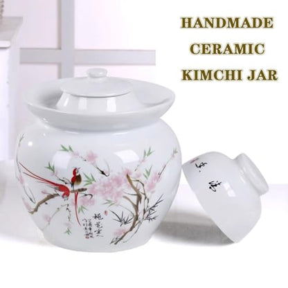 Peach Blossom and Bird Pattern Pickle Jar, Jingdezhen Porcelain with Ink Painting, Double-lid Fermentation Crock, Water-Sealed Ceramic Kimchi Jar(5kg/176.4oz) - size: 5kg/176.4oz