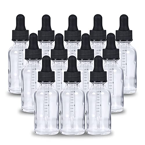 2 oz Dropper Bottle 12 Pack Clear Glass Boston Bottles 60ml with Eye Droppers Black Caps for Essential Oils, Perfume, Leak Proof Travel Bottles for Liquids - color: Clear, size: 2 oz, 12 pack