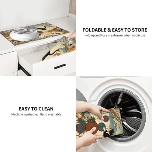 Kitchen Drying Mat for Countertop Oriental Cat Garden Art Pattern Non-Slip Kitchen Counter Mat for Dishes Glassware - color: Beige Teal