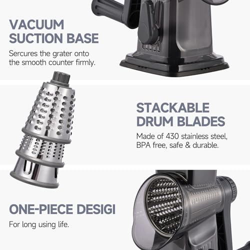 Rotary Cheese Grater with Handle Kitchen Shredder Slicer Grater Slicer Ice Shaver Cheese Vegetable Nuts Potato Zucchini Chocolate 3 Interchangeable Blades (Dark Grey TSP) - color: Dark Gray