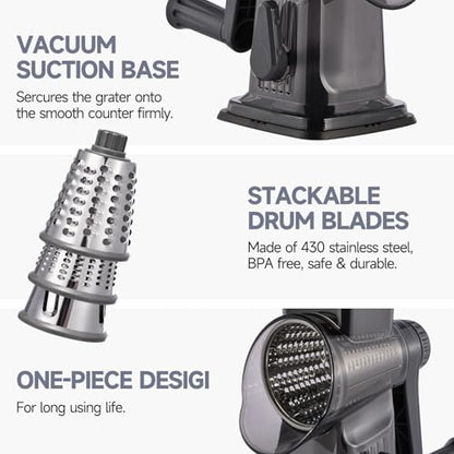 Rotary Cheese Grater with Handle Kitchen Shredder Slicer Grater Slicer Ice Shaver Cheese Vegetable Nuts Potato Zucchini Chocolate 3 Interchangeable Blades (Dark Grey TSP) - color: Dark Gray