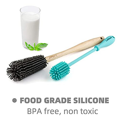 Silicone Bottle Brush Set with Wooden Handle - Silicone Brush & Straw Cleaner for Hydro Flask, Sports Bottle, Glassware