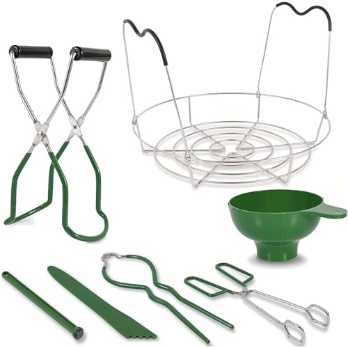 7 Pieces Canning Supplies Kit, Green | Stainless Steel Canning Tools Set, Steamer Rack, Canning Funnel, Jar Lifter, Wrench, Tongs, Lid Lifter, Bubble Remover Tool - color: Green