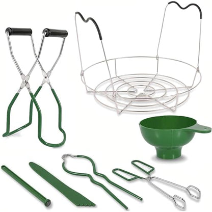 7 Pieces Canning Supplies Kit, Green | Stainless Steel Canning Tools Set, Steamer Rack, Canning Funnel, Jar Lifter, Wrench, Tongs, Lid Lifter, Bubble Remover Tool - color: Green