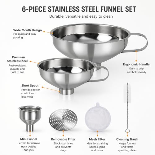 Stainless Steel Funnel Set, Wide Mouth Canning Funnel, Metal Kitchen Funnels for Jar Bottle Filling Canning Supplies