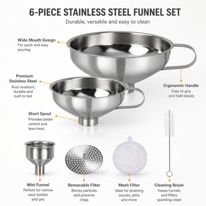 Stainless Steel Funnel Set, Wide Mouth Canning Funnel, Metal Kitchen Funnels for Jar Bottle Filling Canning Supplies