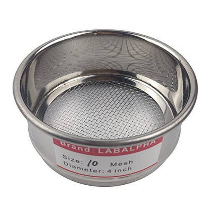 LABALPHA 10 Mesh Lab Sieves, Test Sieve #10 Mesh, 4'' Diameter, 304 Stainless Steel Wire Cloth (2mm) - size: 10 mesh (2mm)