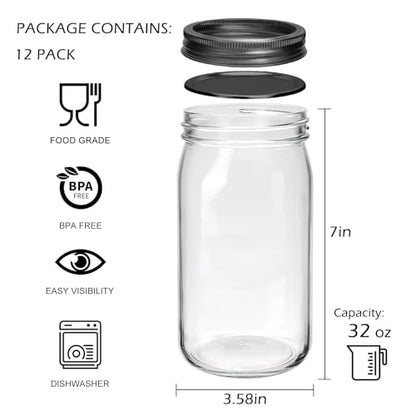 QAPPDA 32oz Wide Mouth Mason Jars 12 Packs with Lids,Clear Quart Canning Jars for Canning, Pickling, Meal Prep, Overnight Oats & Food Storage - size: 32oz - Split Black Lid