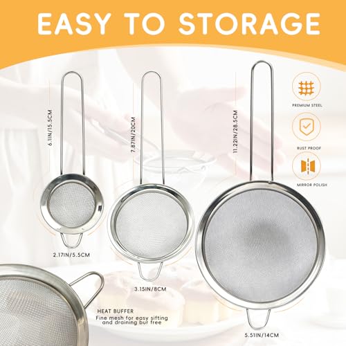 3-Piece Stainless Steel Mesh Strainer Set Small/Med/Large Fine Mesh Kitchen Sifters w/Handles – Silver, for Sifting/Straining/Cooking