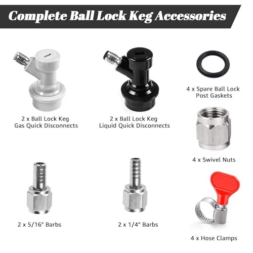 2 Pairs Ball Lock Keg Fittings Beer Corny Keg Connectors with Stainless Steel 5/16" Gas & 1/4" Liquid Barbs and MFL Thread Swivel Nuts for Homebrew with 4 PCS Hose Clamps