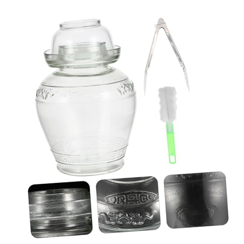 Airtight Glass Pickle Jar 5lb Capacity Thickened Sauerkraut Fermentation Crock with Water Seal Lid, Includes Inner Cover, Brush and Tongs for Kitchen Food Storage