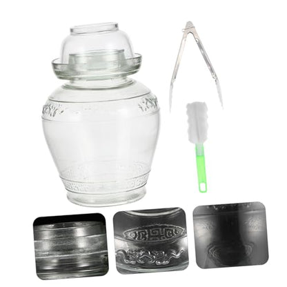 Airtight Glass Pickle Jar 5lb Capacity Thickened Sauerkraut Fermentation Crock with Water Seal Lid, Includes Inner Cover, Brush and Tongs for Kitchen Food Storage