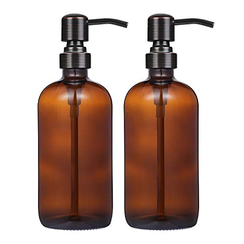 2 Pack 16 Ounce Boston Round Glass Bottles Soap Dispenser with Oil Rubbed Bronze Stainless Steel Pumps | Oil Rubbed Bronze Stainless Steel Pumps - color: Black and Clear