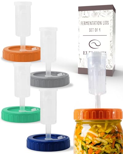 Elementi Mason Jar Fermentation Lids - Easy to Use Fermenting Lids for Wide Mouth Mason Jars - Make Delicious Sauerkraut & Kimchi, Airlocks Fermentation Kit, Burping Air Lock Fermenters - Set of 4 - color: Multicolor