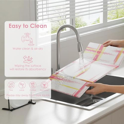 3 PCS Large Stone Dish Drying Mat for Kitchen Counter -24"x16" Absorbent Diatomaceous Earth Mat with Stone Faucet Mat & Soap Tray - Quick Dry, Collapsible, Non-Slip Countertop Organizer - color: pink gold texture