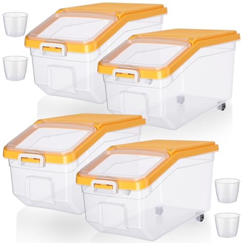 Sunnyray 4 Pcs Rice Storage Container 22 lb Airtight Flour Container with Wheels Measuring Cup Clear Pet Dog Cat Birds Food Bin Grain Cereal Organizer Box for Dry Baking Supplies(Yellow Lid) - color: Yellow Lid, size: 22 lb