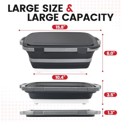 BBQ Prep Tub 3-IN-1 Large 8L Collapsible Cutting Board with Locking Lid for Meal Prep Marinating Food, Camping Sink with Colander, Dish Basin, Storage Blanket for Camping Picnic BBQ, Black - color: Black 8L