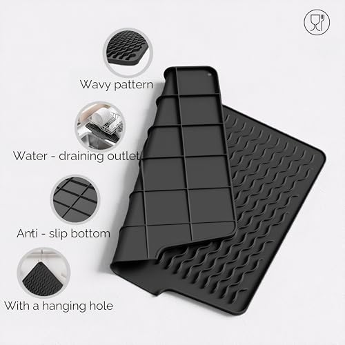 Dish Drying Mat with Drain, Silicone Mat for Kitchen Counter, Non-Slip Drainer Mat for Kitchen Sink, Countertop Dish Drying Rack, Heat Resistant Kitchen Accesories(Black, 15.6"x13") - color: Black